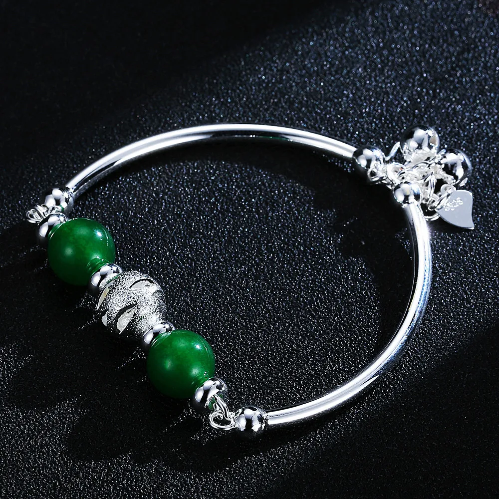 

Vintage green jade beads charms bangle chain bracelets for women white gold silver color jewelry fashion accessory birthday gift