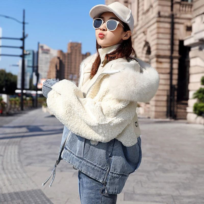 

Plush Denim Jacket Women Warm Hooded Fur Collar Winter Coat 2021 Fashion Splice Faux Lambswool Jean Jackets Designer