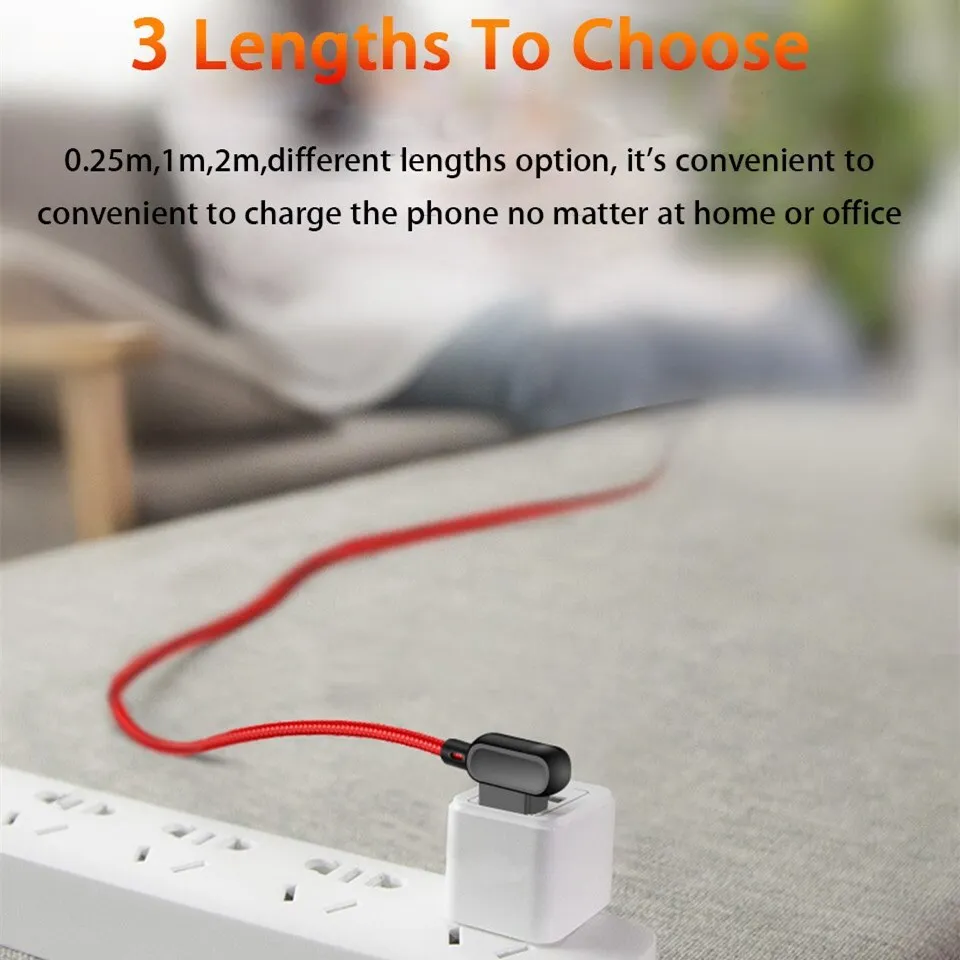 90 Degree Elbow With Light LED Micro USB Type C Cable Fast Charging For iphone 12 Pro Samsung Xiaomi Huawei Charger Data Cables
