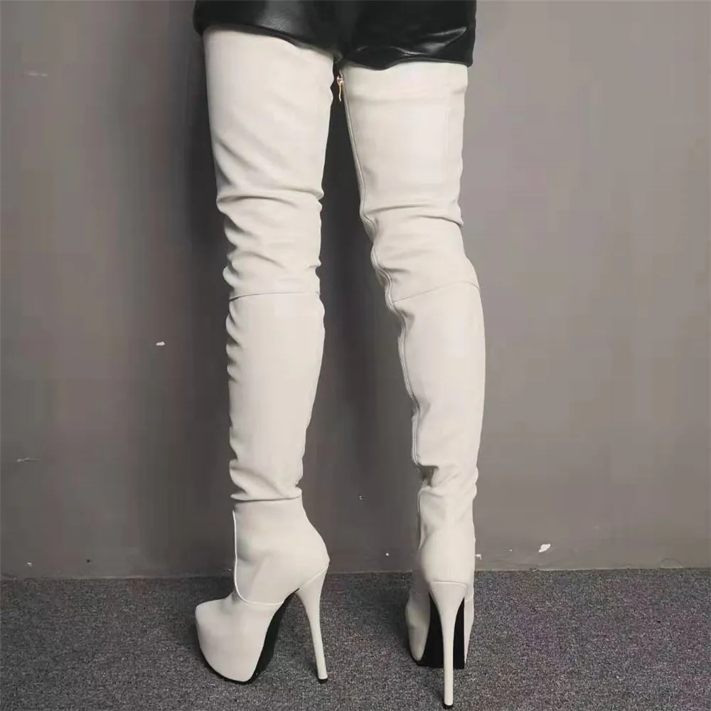 Женские высокие сапоги выше колена белые на высокой платформе тонком высоком