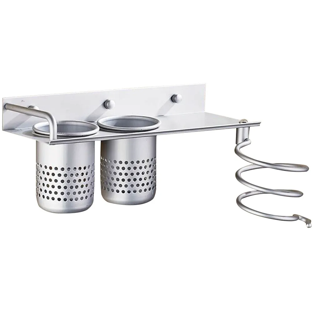 

Hair Dryer Holder Wall Mounted Hair Dryer Hanging Rack With Organizer Cup Aluminum Storage Rack for Bathroom Barbershop Washroom