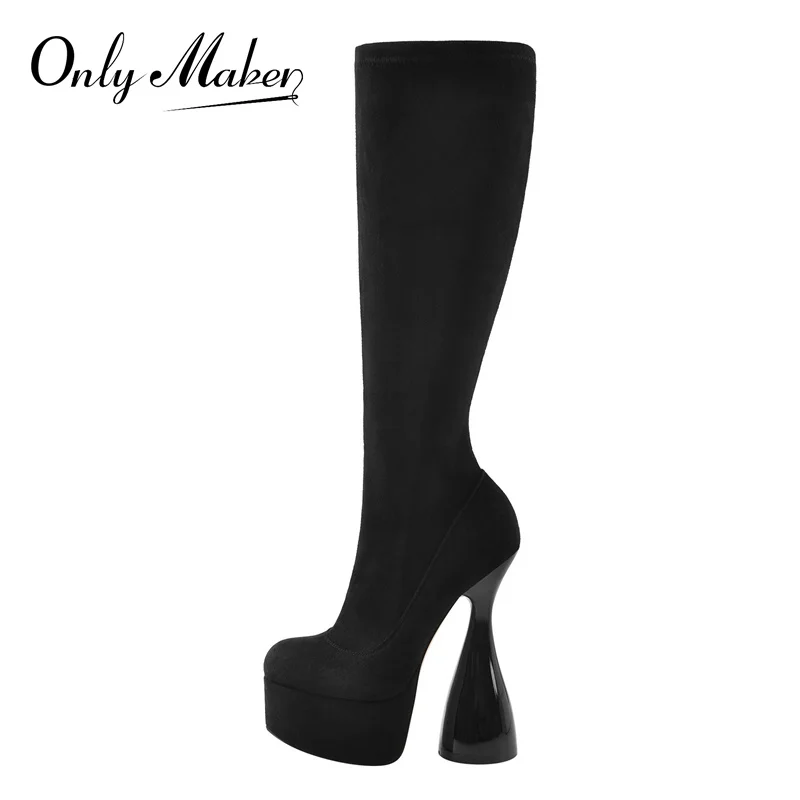 Onlymaker Platform Knee High Boots Black Flock High Elastic Spike Heels Side Zipper Boots Lady Big Size Big Size Fashion Boots