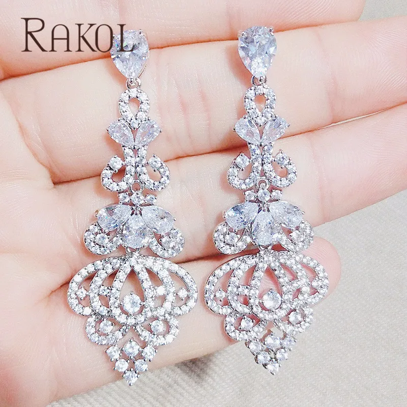RAKOL Элегантный CZ цирконием хрустальная люстра длинные полые висящие серьги для