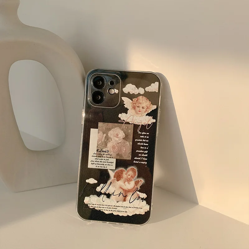 Retro rose angel cute transparent clear phone case for iphone xr xs max x 8 7 plus 11 12 mini 13 14 pro max soft silicone cover