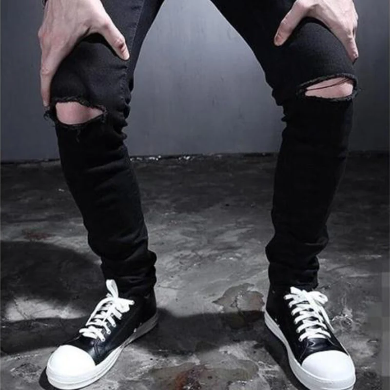 Облегающие джинсы с вырезами на коленях, мужские черные тянущиеся длинные брюки большого размера, брюки-карандаш с необработанными краями ... от AliExpress RU&CIS NEW