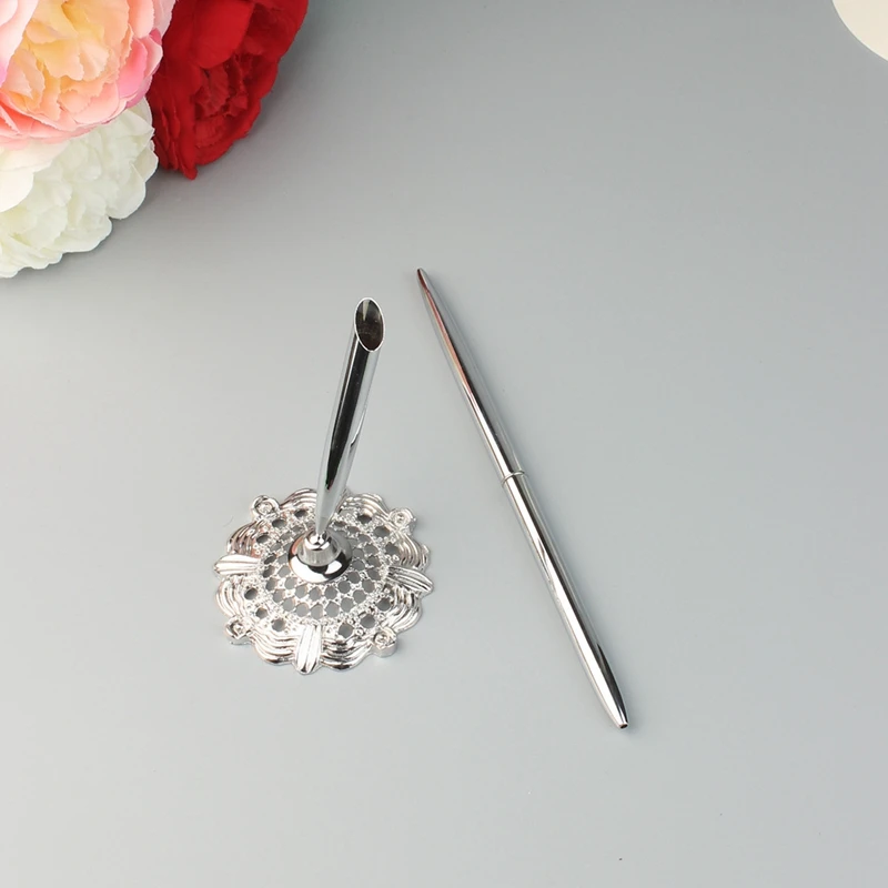 

Hollow Round Pen Holder Signing Pen Set for Wedding Bridal, Silver