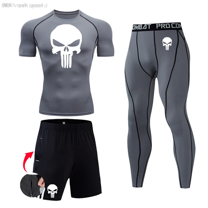 Мужской компрессионный костюм с черепом футболка коротким рукавом мужские