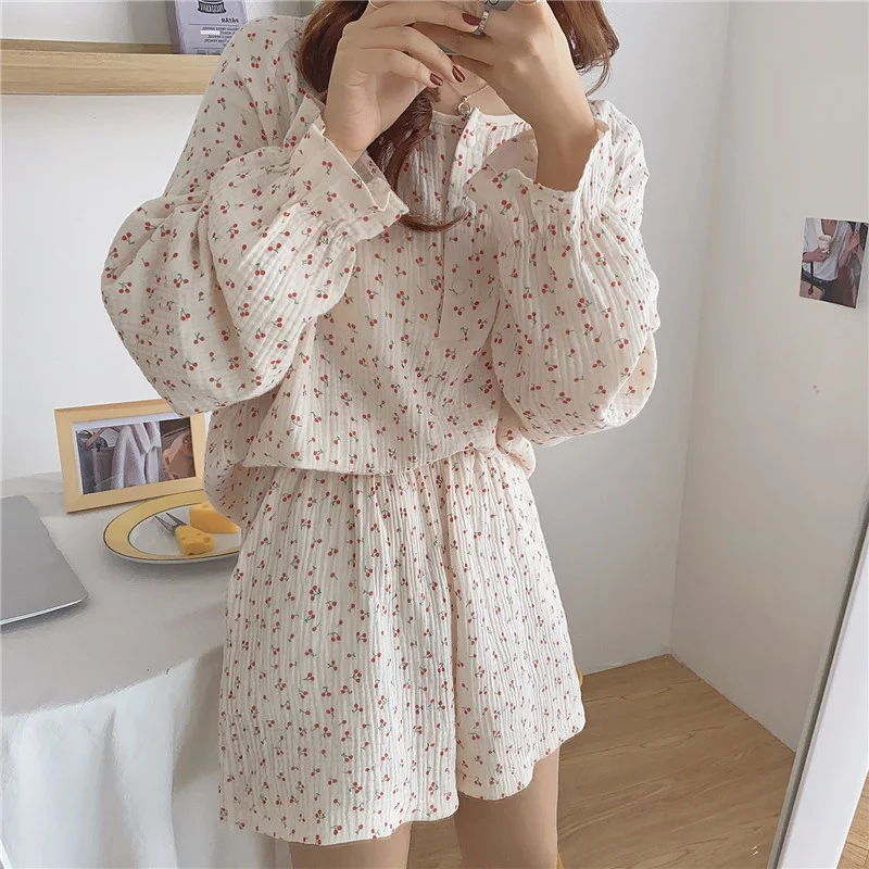 

Korean Pajama Mujer Cherry Print Cotton Yarn Sleepwear Set Long Sleeve Top+Shorts Ruffle Homewear Skin-Friendly Breathable S1029