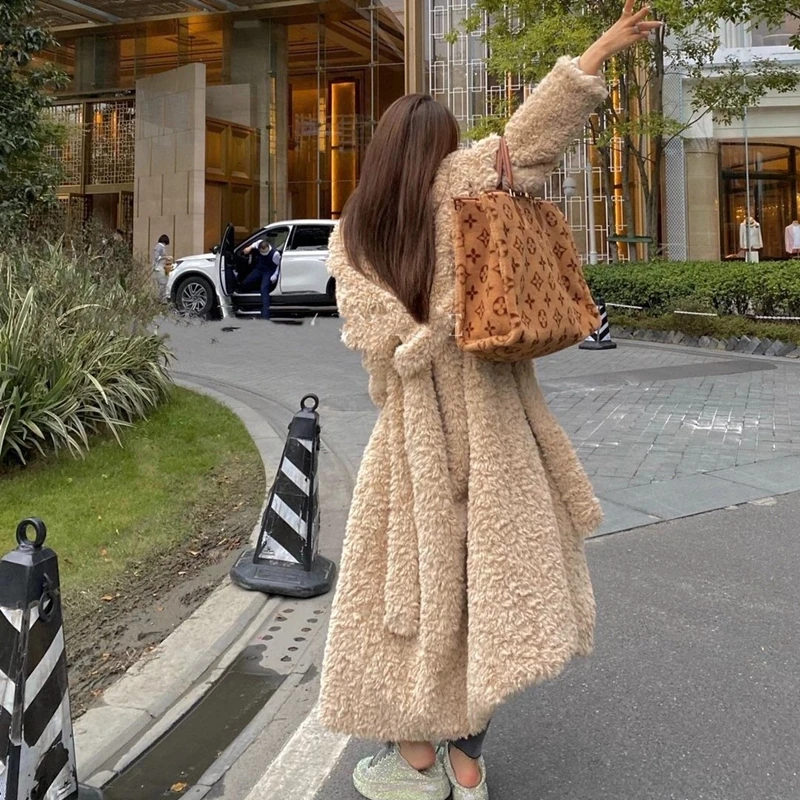 Женское длинное меховое пальто повседневное с мехом медведя в Корейском стиле