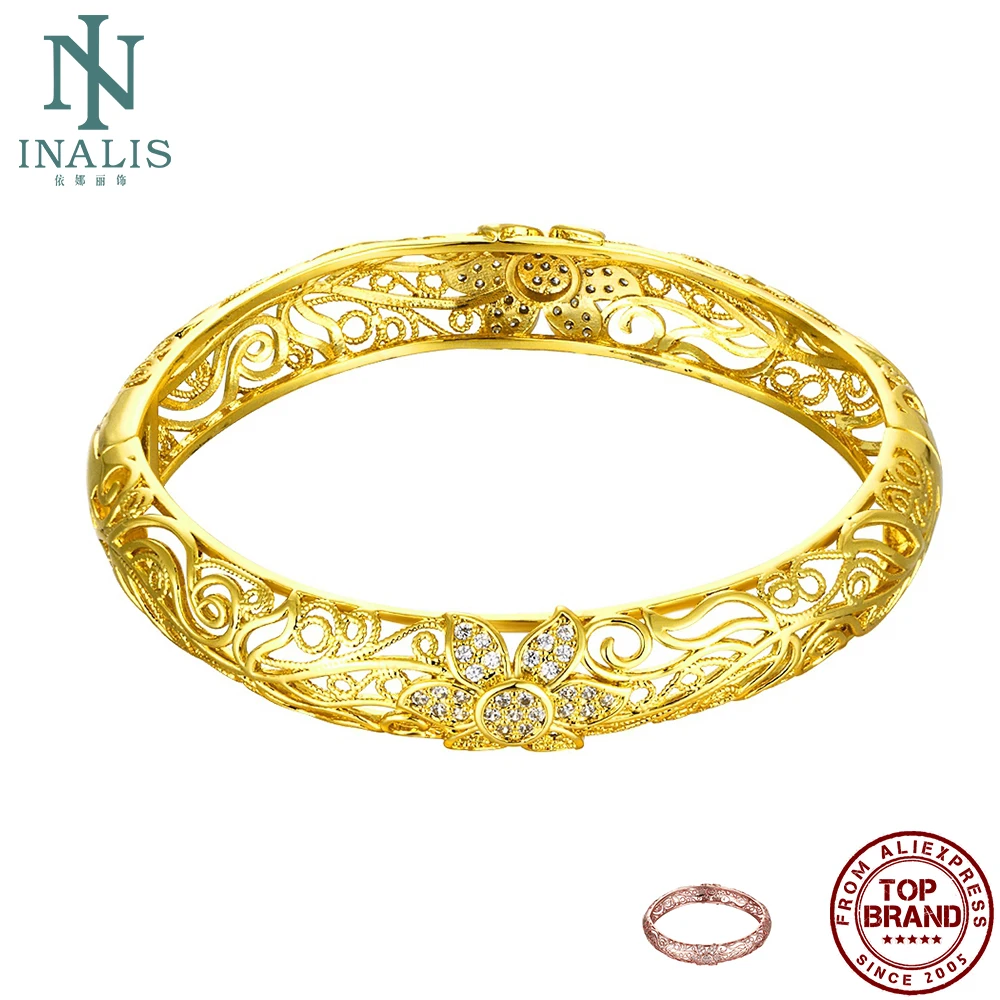 

INALIS Noble Bangles For Women Luxurious 5A Cubic Zirconia Carving Pattern Hollow-out Gold And Rose Gold Bangle Senior Jewelry