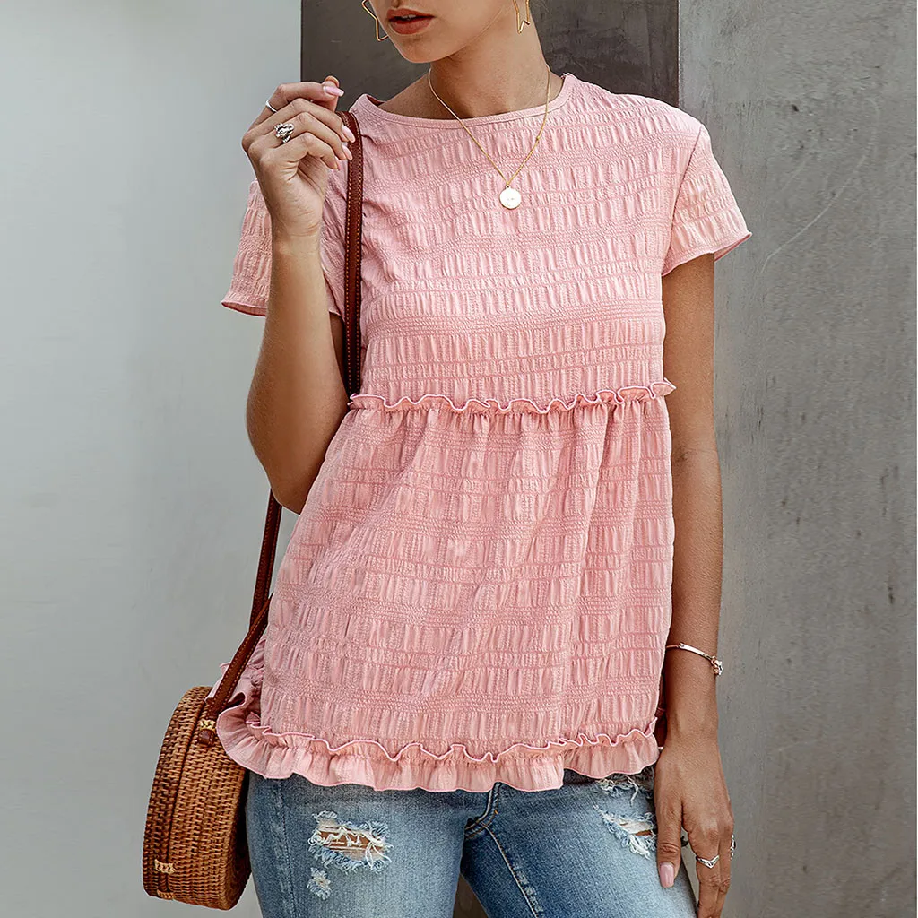 Женская Однотонная рубашка с коротким рукавом и круглым вырезом|Блузки| |