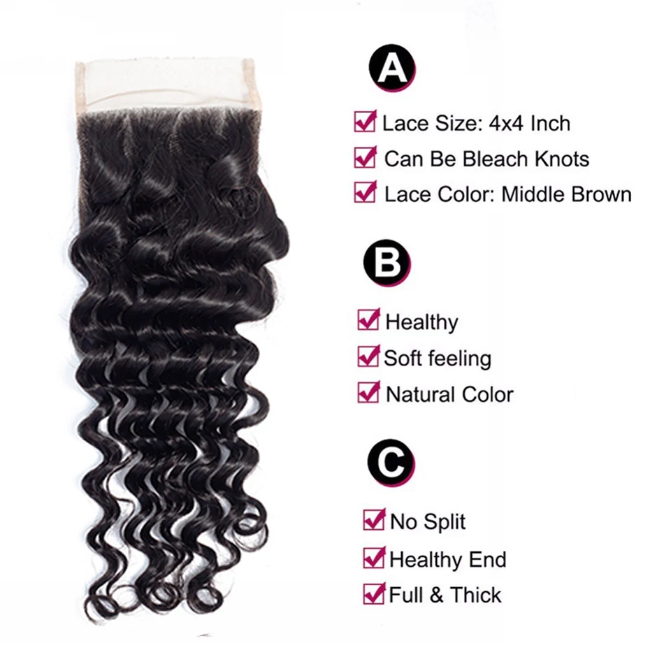 Liddy Deep Wave 4x4 кружевная застежка 100% человеческие волосы малайзийские плетеные
