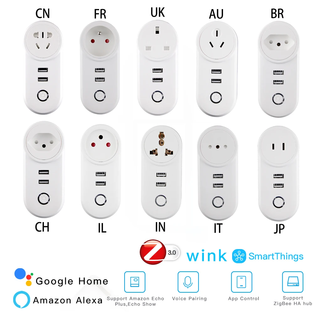 Умный дом ZIGBEE 3,0, Wifi розетка, Интеллектуальный переключатель, 2 USB порта, 100-240 В, разъем голосового управления, работает с SmartThing Wink Echo Plus