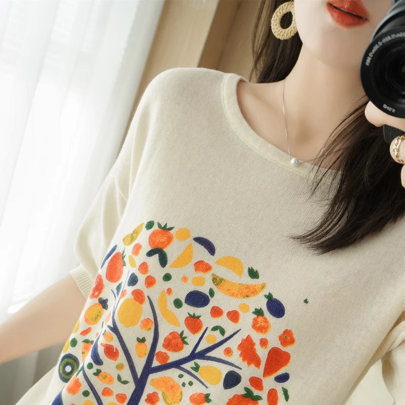 

Cotton o-neck short-sleeved t-shirt women summer half-sleeved loose printed knitted top