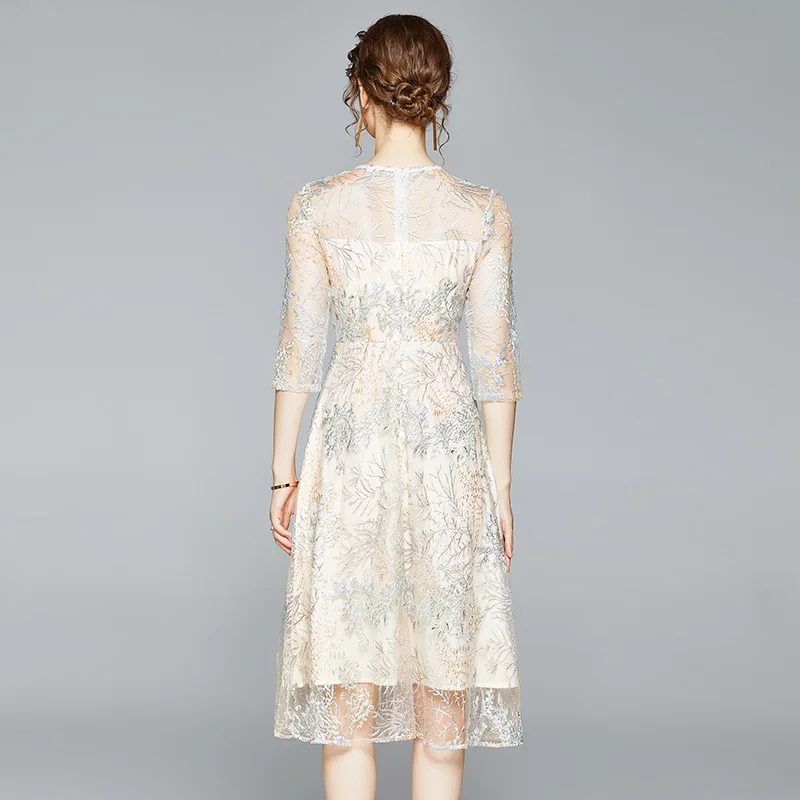 

New Elegant Vintage Women Mesh Embroidery Slim Tunic Dress Evening Party Clothing Lady Long Sleeve Dresses