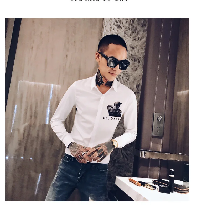 Осенняя мужская рубашка с принтом Camisa Hombre Повседневная приталенная рубашка Мужская Уличная рубашка Camisas Hombre черный смокинг для ночного клуба