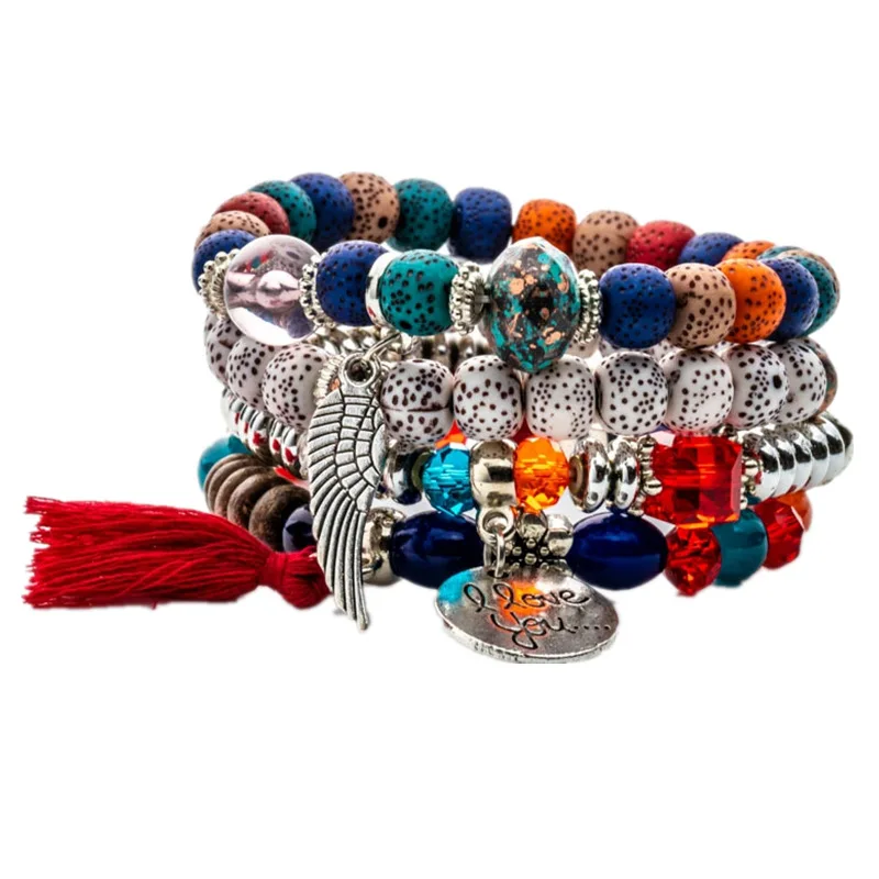 

Bohemian Volcanic Stone Tassel Bracelet Bangle Women Trendy Angel Wings Pendant Multilayer Beaded Bracelet Fashion Jewelry Gift