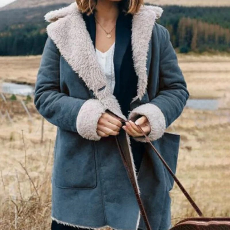 

Осень 2021, новый продукт в европейском и американском стиле, плюшевая куртка с отложным воротником и длинными рукавами, Повседневная однотон...