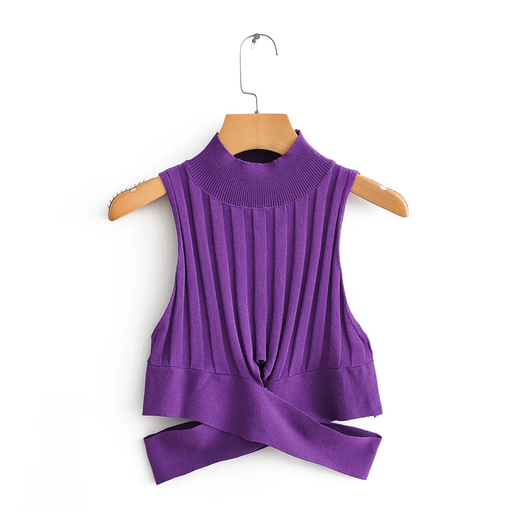 Женские летние вязаные майки без рукавов водолазка с перекрестным подолом