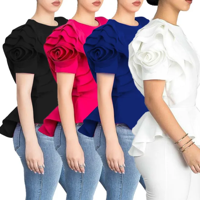 2XL Lady Blouse Tops Shirt Layers Petal Sleeves Elegant Fashion Spring Summe Rose Red Blue Black White Bluas Ruffles Classy | Женская
