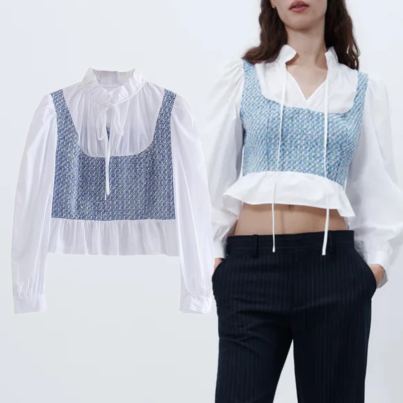 

ZA Spring Autumn Women Spliced Shirt Tops 2021 New Bow Collar Casual Puff Long Sleeve Blouse Lady's Sweet Loose Outfits