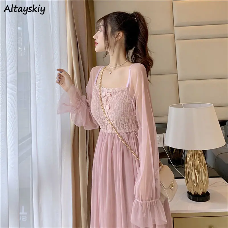 

Dress Women Elegant Princess Style Summer Student Flare Sleeve Female Vestidos Charm Trendy Mesh Patchwork Square Collar Lovely