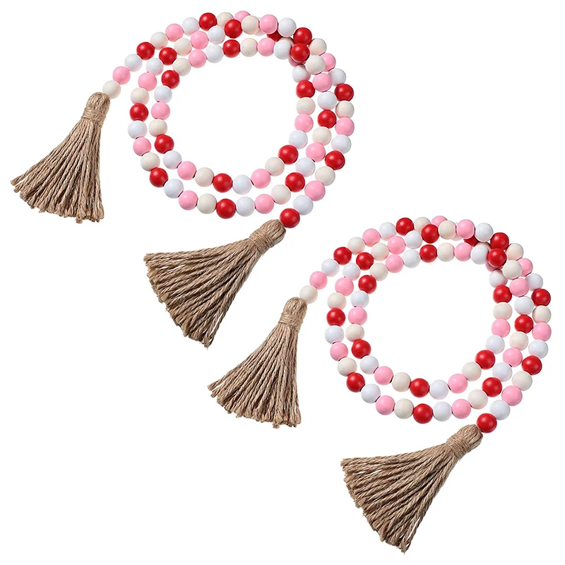 

2Pieces Valentine's Day Wooden Beaded Garland With Tassels Farmhouse Rustic Country Wood Bead Garland Decoration 10.8 Ft