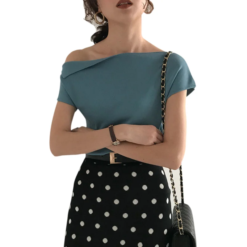 Топы на одно плечо Женский вязаный Топ в Корейском стиле летняя сексуальная