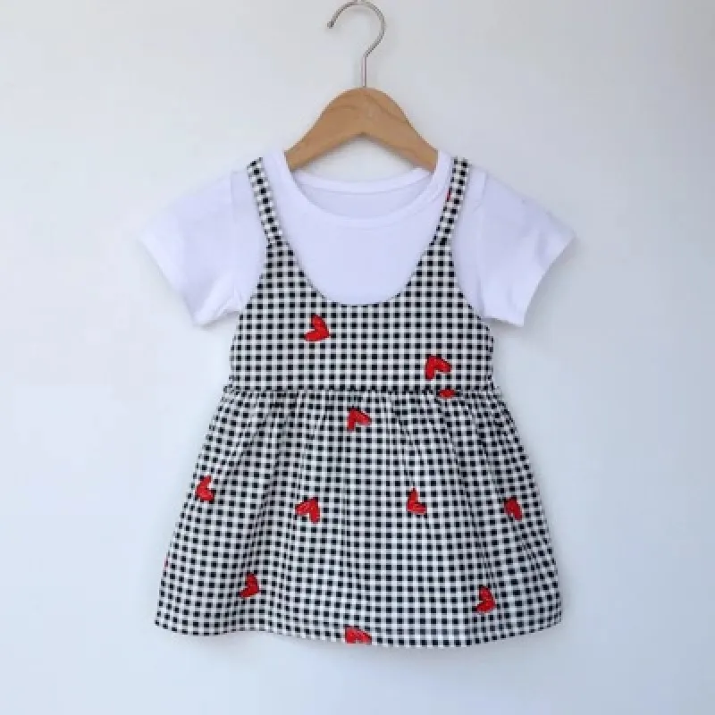 

2 PCS Cartoon Summer Baby Girl Casual Clothes Toddler Newborn Sling Plaid Party Birthday Mini Dress