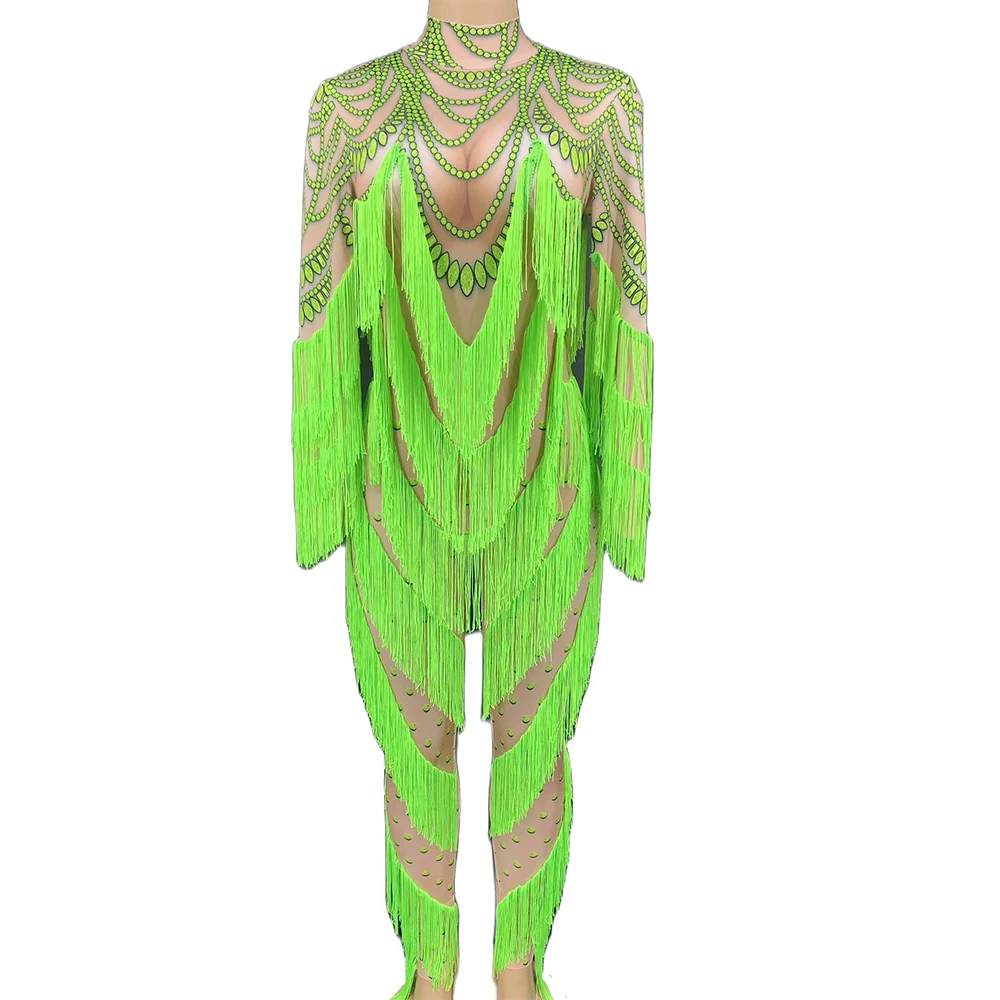 

Fluorescent Green Striped Printing Tassel Bodysuit Women Long Sleeve Performance Personality Costume Ladies Nightclub Outfit