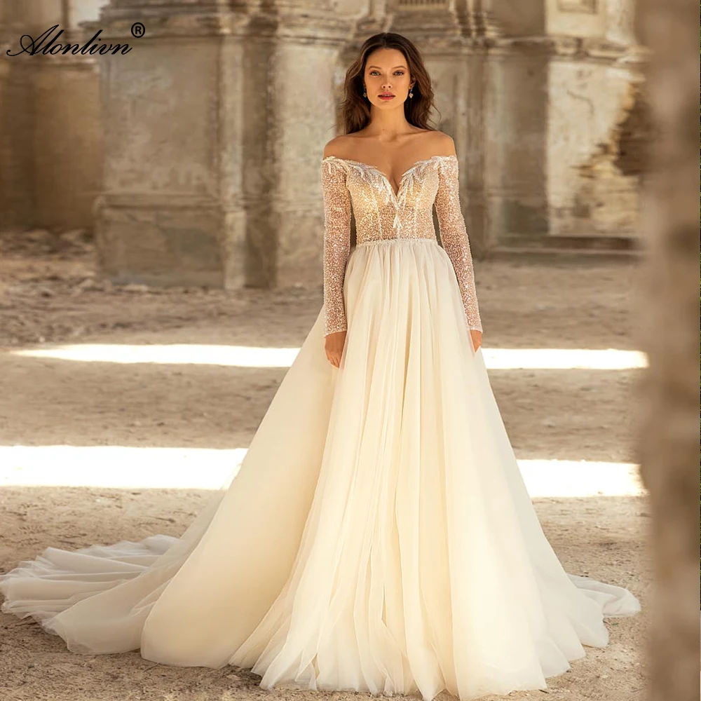 

Alonlivn Chic Chiffon Off The Shoulder Full Sleeves A-Line Wedding Dresses Beading Crystals Pearls Bridal Gowns