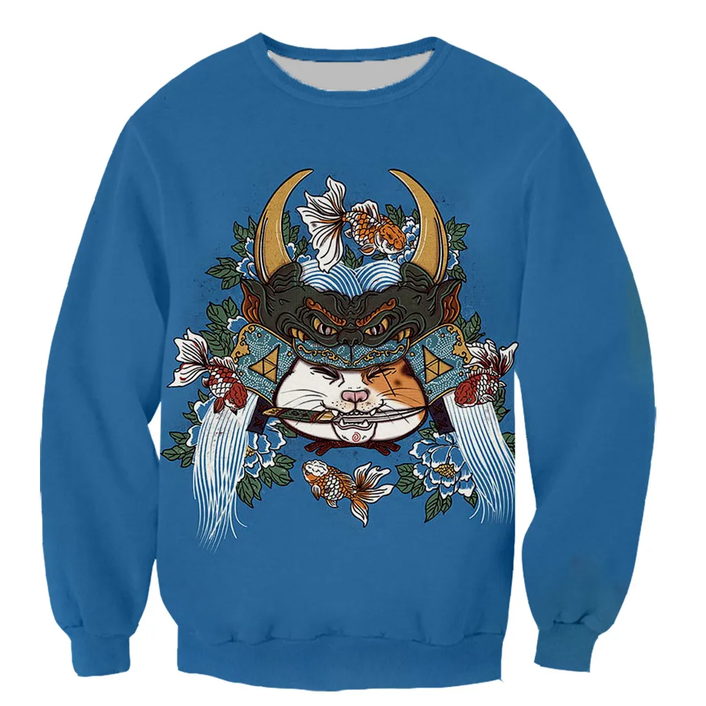 Новая забавная Модная японская Татуировка самурая кошка с длинным рукавом 3D