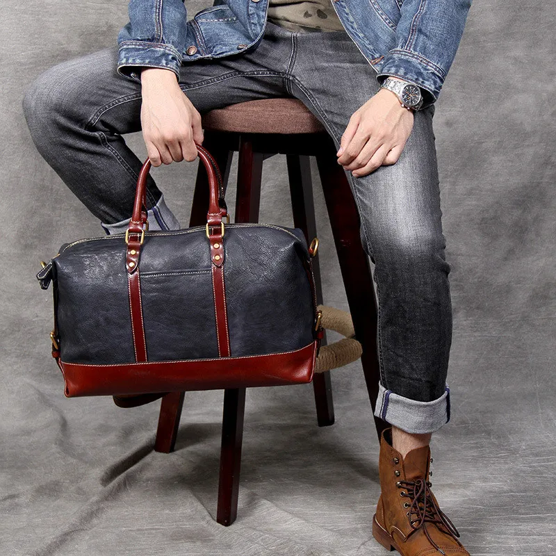 Simple casual natural real leather men's large-capacity travel bag retro manual designer business weekend duffel bag women