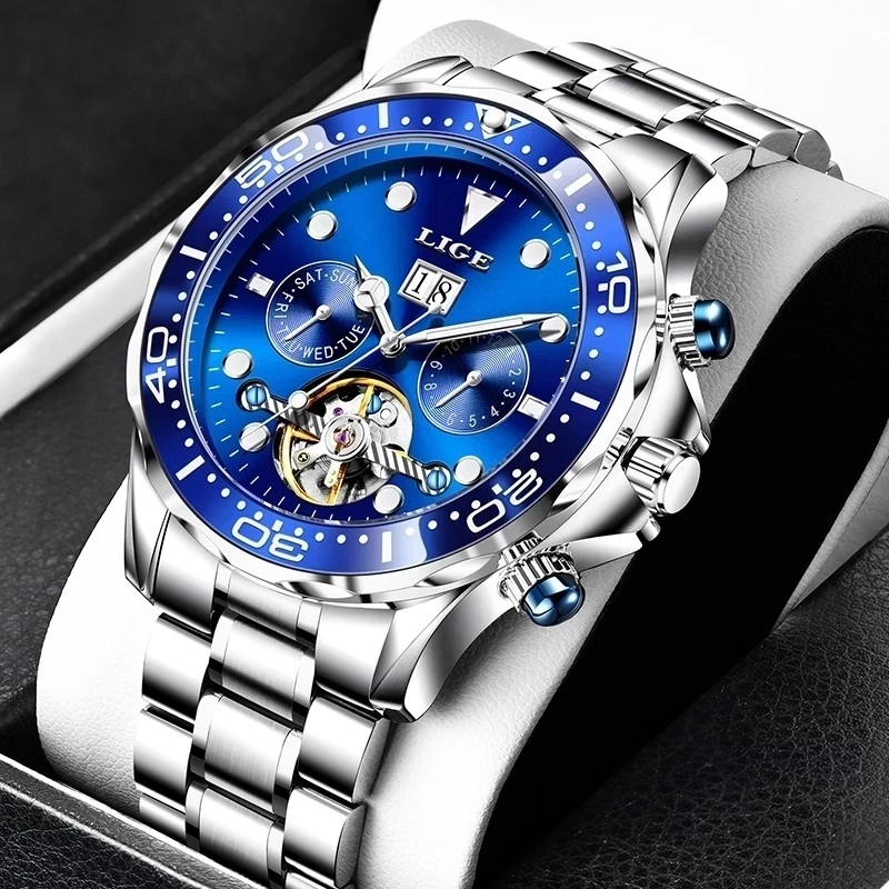 

2021 LIGE Men Watch Tourbillon Automatic Mechanical Watch Top Brand Luxury Stainless Steel Sports Watches Mens Relogio Masculino