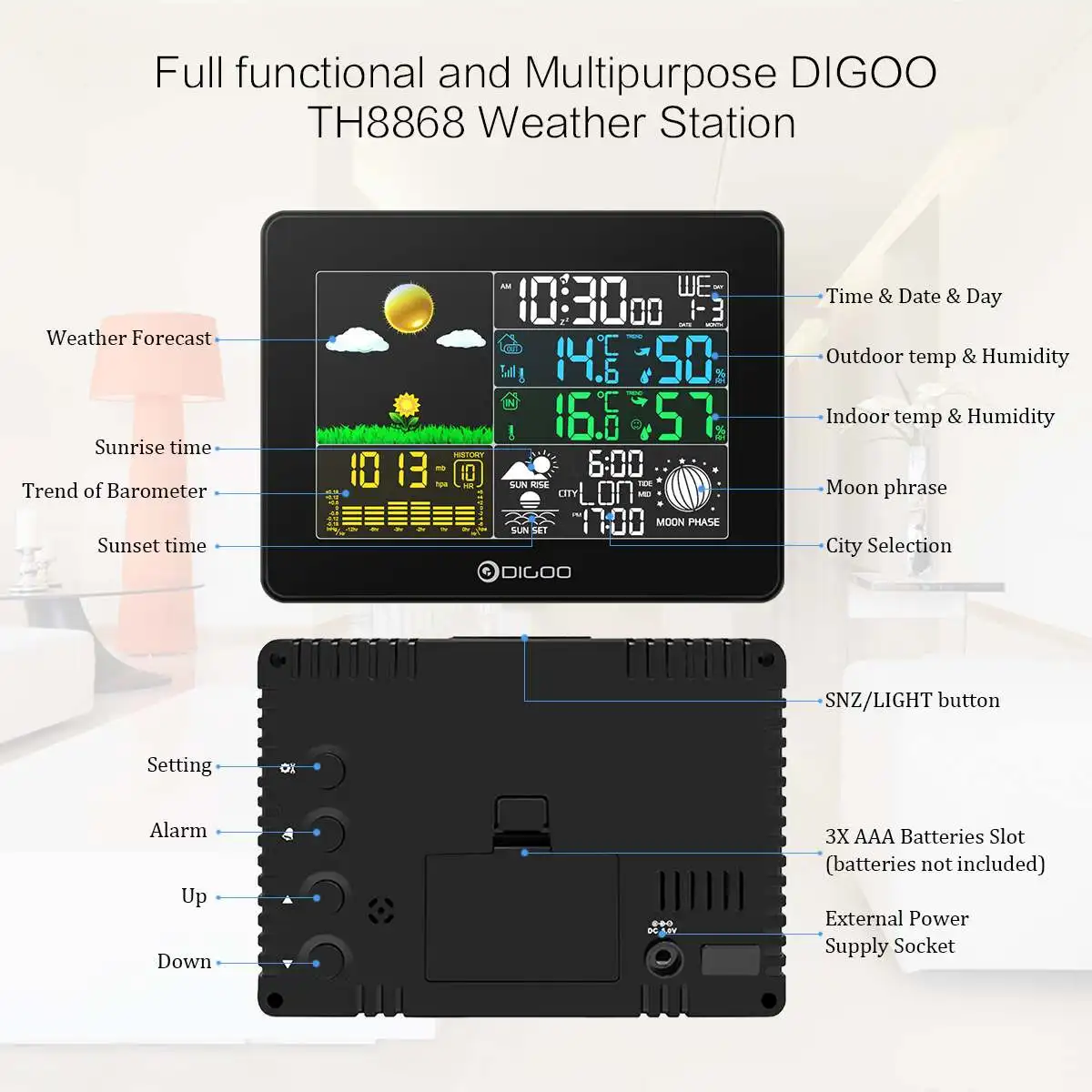 

DIGOO DG-TH8868 Weather Station Indoor Outdoor LCD Thermometer Humidity Snooze Alarm Clock Sunrise Sunset Calendar Forecast