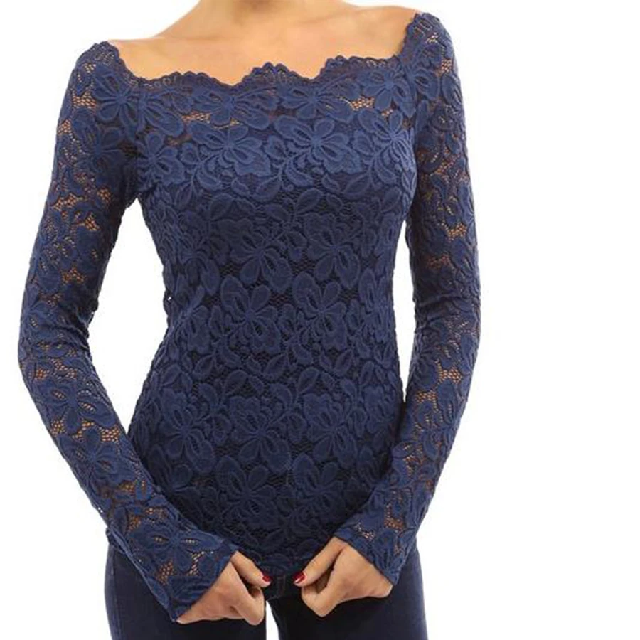 Элегантная кружевная блузка женская модная с длинным рукавом и вырезом лодочкой