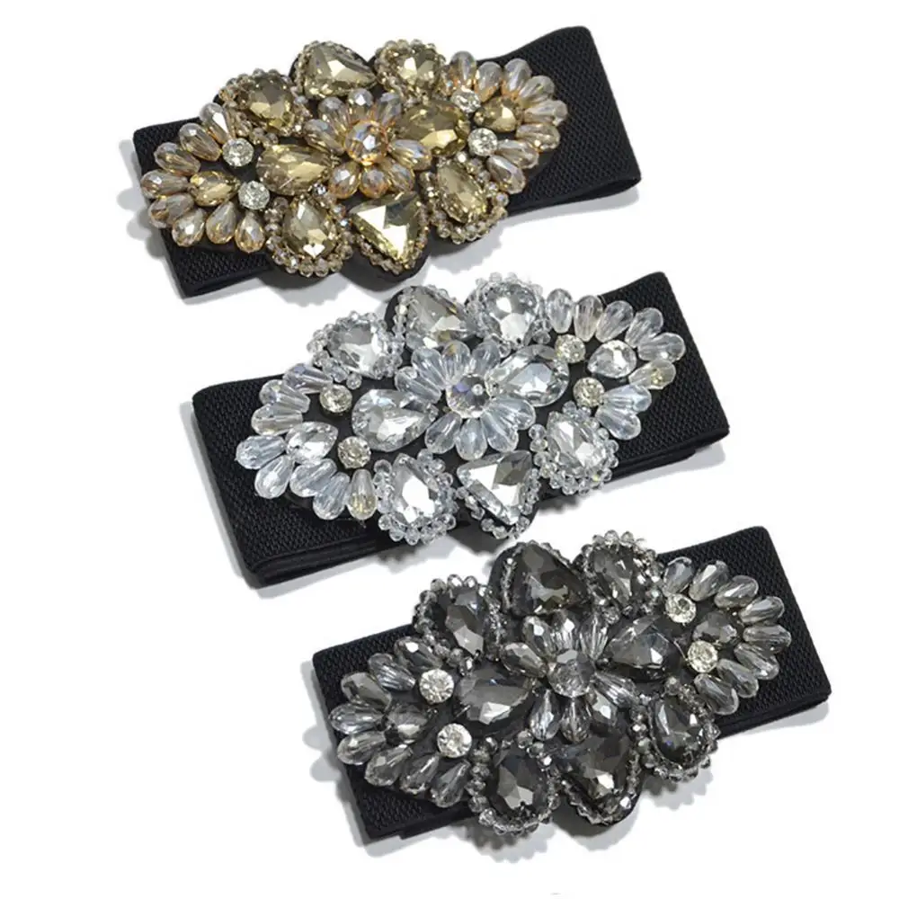 

Women Colorful Rhinestone Flower Waist Belt Elastic Wide Waistband Dress Decor