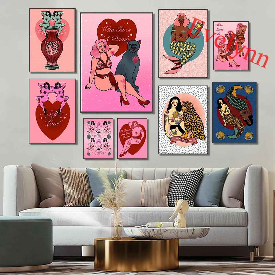 Тату сексуальная девушка Русалка художественный плакат леопардовая ваза