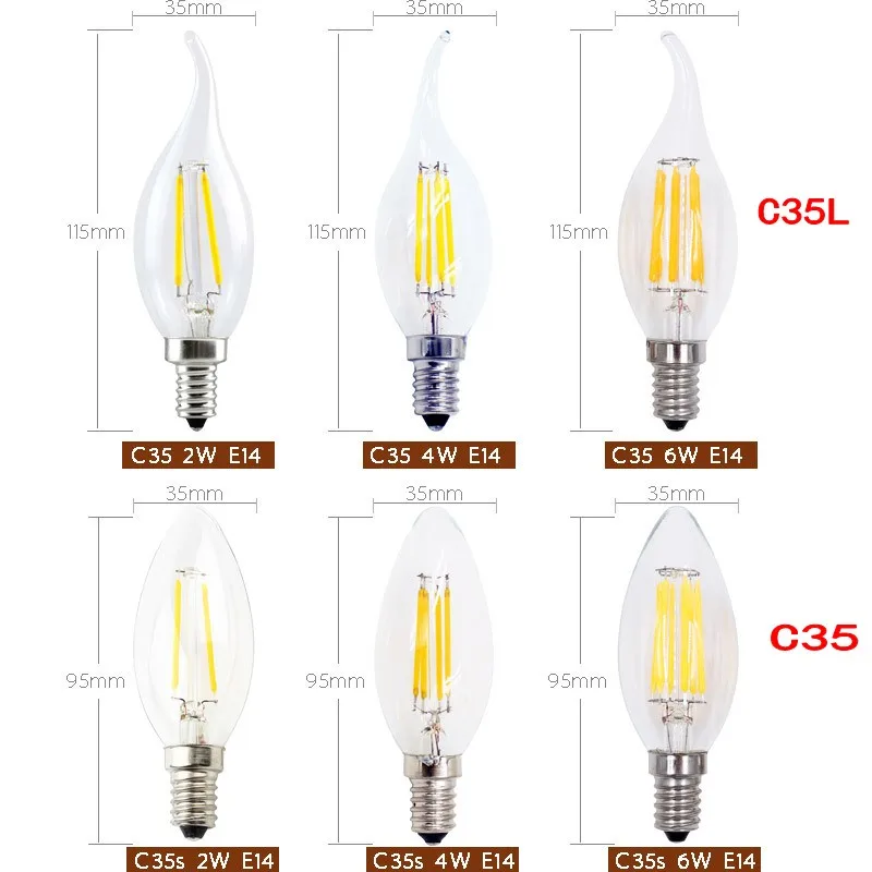 5PCS LED Filament Candle Light Bulb E14 220V  2W  4W 6W  Vintage Edison Bulb for Chandelier Cold/Warm White