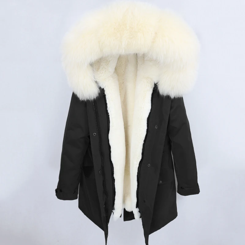 black beige OFTBUY зимняя куртка Женская водонепроницаемая куртка из натурального меха длинная парка натуральный Лисий меховой капюшон, воротник верхняя одежда уличная Роскошная - Цвет: black beige