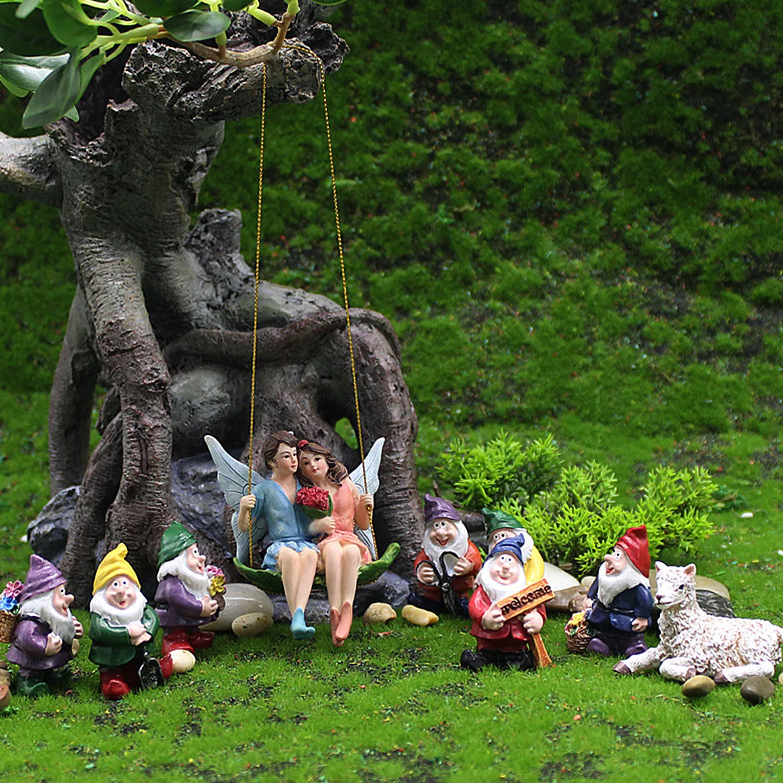 

1PCS Romantic Couple Figurines Swing Flower Fairy Garden Micro Landscape Pendant Resin Craft Statue Miniature Garden Decoration