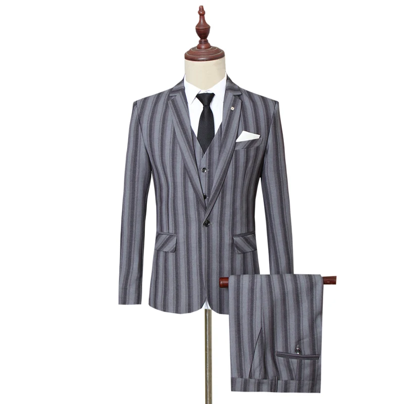 

Stylish men's business suits black red blue slim fit men wedding suit size S-5XL mens striped Blazer and pants with vest