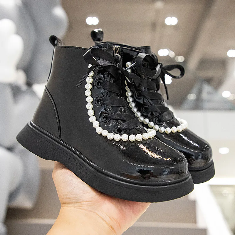 

2021 Autumn and Winter New Style Martin Boots Girls Fashion Pearl Mid-tube Boots Black Thick-soled Girls Princess Boots