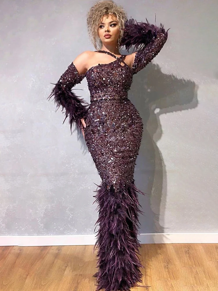 

Free Shipping 2020 New Chic Feather Sequins Design Sexy Off Shoulder Cross Celebrity Party Club Maxi Long Dress