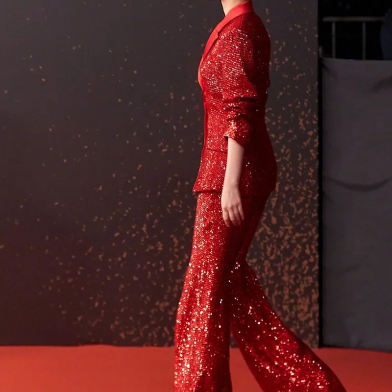 

Top Brand Wedding Party Women Red Sequins Blazer Coat Wide Leg Pants Suit Runway Stage Show Formal Outfits Ladies Two Piece Sets