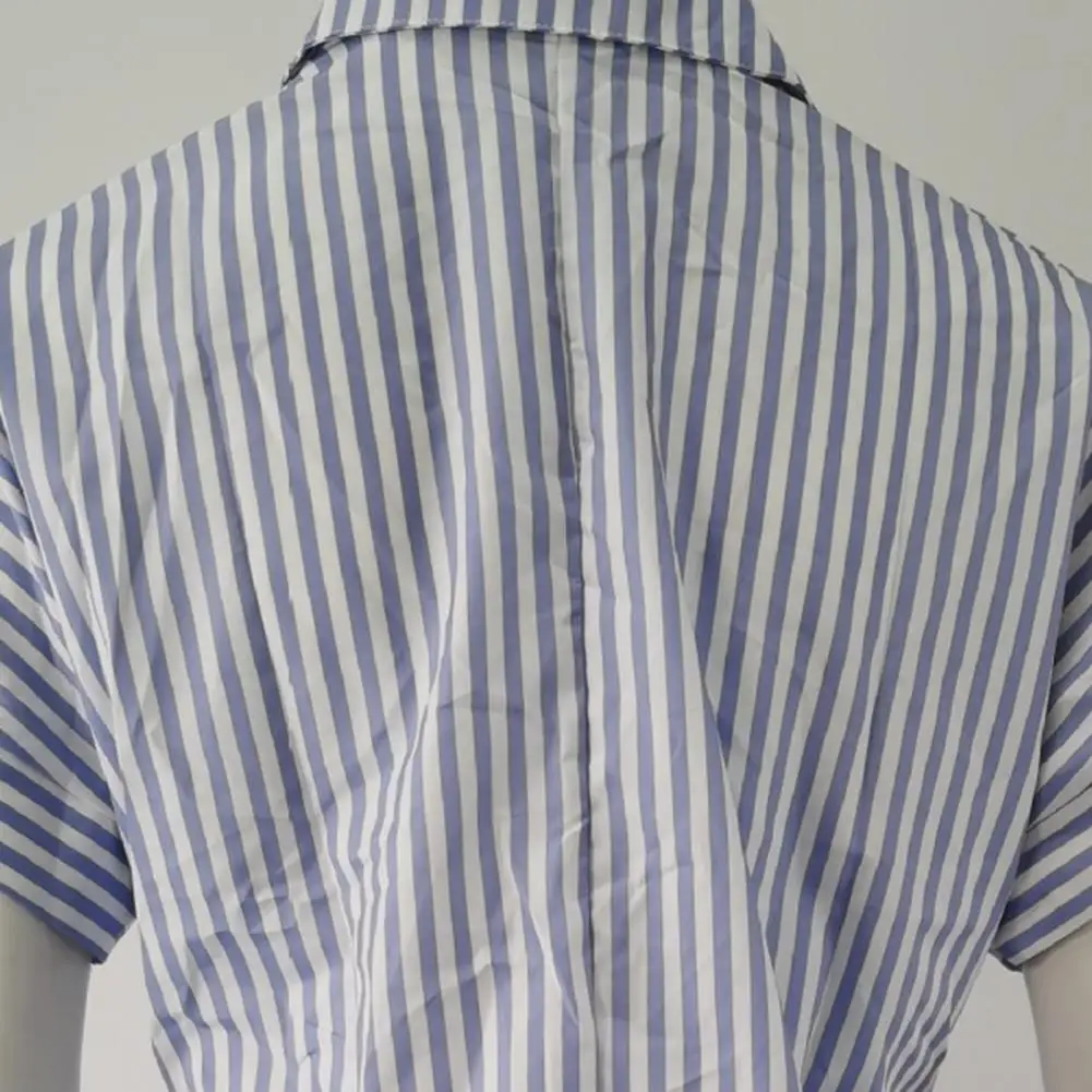 

Women Chic Fashion With Knot Striped Pleated Mini Dress Vintage Short Sleeve Irregular Tie-Up Belt Half Sleeve Travel Dresses