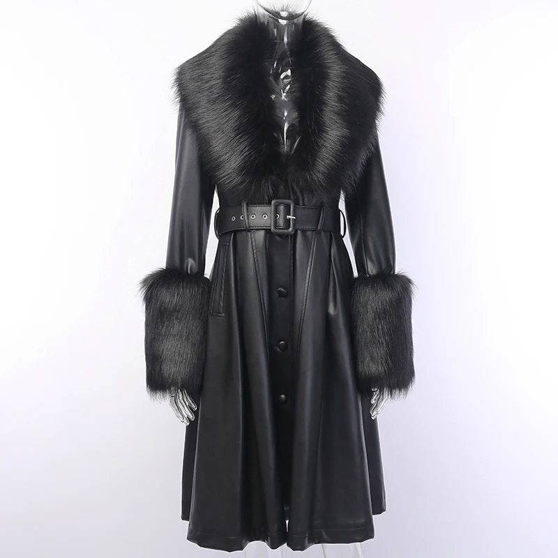 WannaThis Faux Leather Fur Coat Women With Belt Warm Thick Outwear PU Leather Streetwear Female Elegant Outwear Long Coat Green