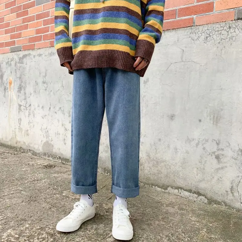 2019 Осень Новые летние джинсы для мужчин синий свободные манжеты прямые джинсовые