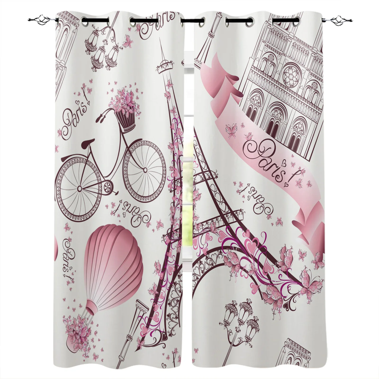 

Paris Eiffel Tower Bicycle Flowers Blackout Curtains for Living Room Modern Shading Window Drapes for Kids Bedroom Kitchen