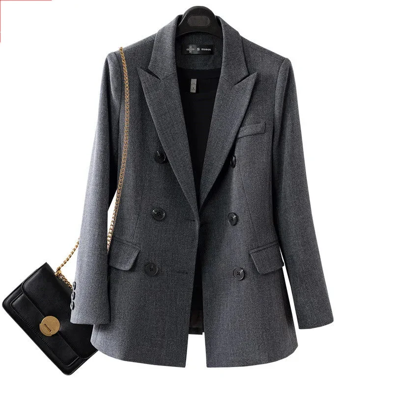 

Women Double Breasted Fit Retro Blazers Female Office Business Notched Collar Suit Coats Streetwear Classic Black Grey Outwears